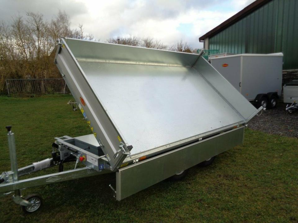 Böckmann Car Trailer with Electric Three-Sided Dump, 2.7 t, Sheet Metal Cover