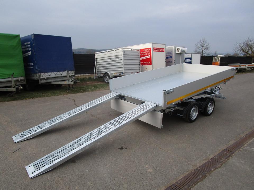 Eduard 3318 Three-Sided Tipping Trailer, 2.7 t, Electric / Emergency Hand Pump, Includes Ramps & Supports, 330 x 180 x 30 cm, Loading Height 63 cm