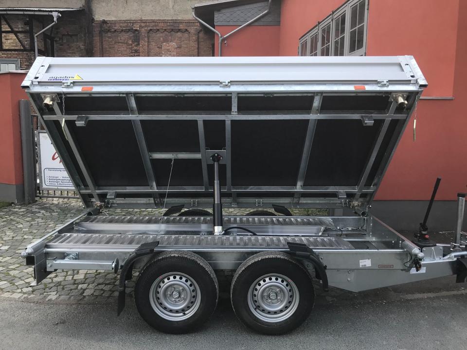 Atlas 3-Sided Tipping Trailer, 2.7 t, New, 332 x 170 x 35 cm, with Hand Pump and LED Swing-Tail Gate