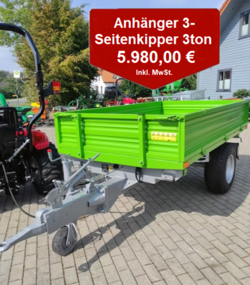 3-Ton 3-Sided Dump Trailer with Overrun Brake, StVZO, 25 km/h – Special Price