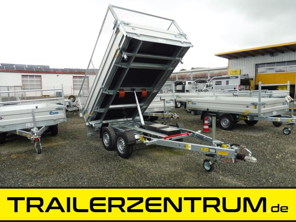 Debon PW24 3-Way Tipping Trailer, 2.6 t, 306 x 180 x 35 cm, with Electric Pump and Mesh Sides