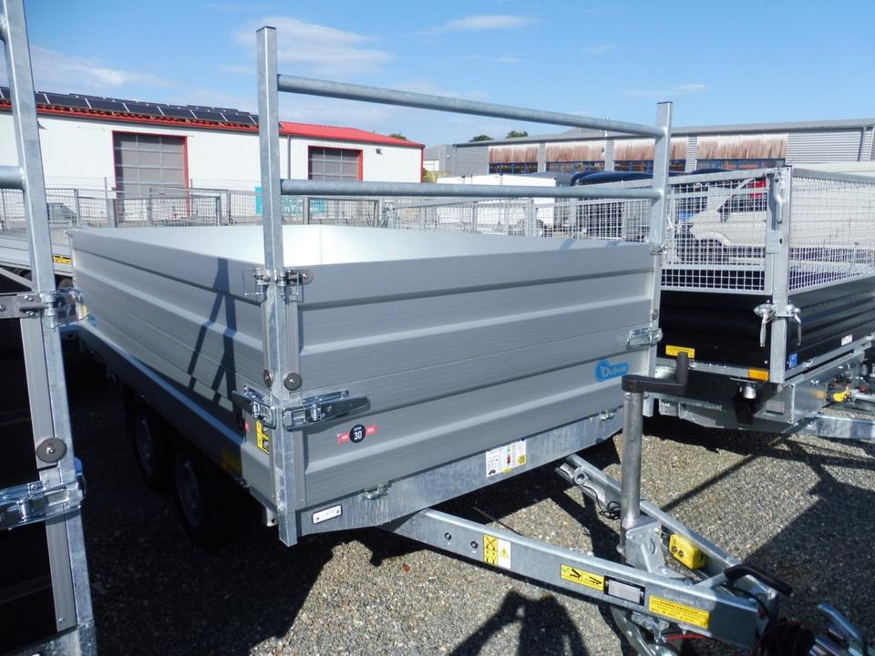 Three-Sided Tipper Trailer 2,600 kg, 306 x 180 x 70 cm, with Electric Pump and Side-Wall Extension (PW24)