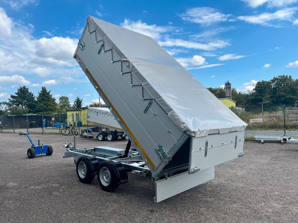 Eduard Braked Three-Way Tipping Trailer with Aluminum Bed, Tarpaulin, Ramps, 3.30 x 1.80 m, 3000 kg