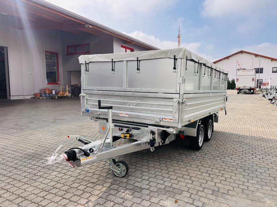 HTK 3500.37 Three-Sided Tipper Trailer 3.5t Humbaur Pro Steel with Steel Sheet, Flat Cover, 100 km/h, Box, Legs, Jockey Wheel Reinforcement