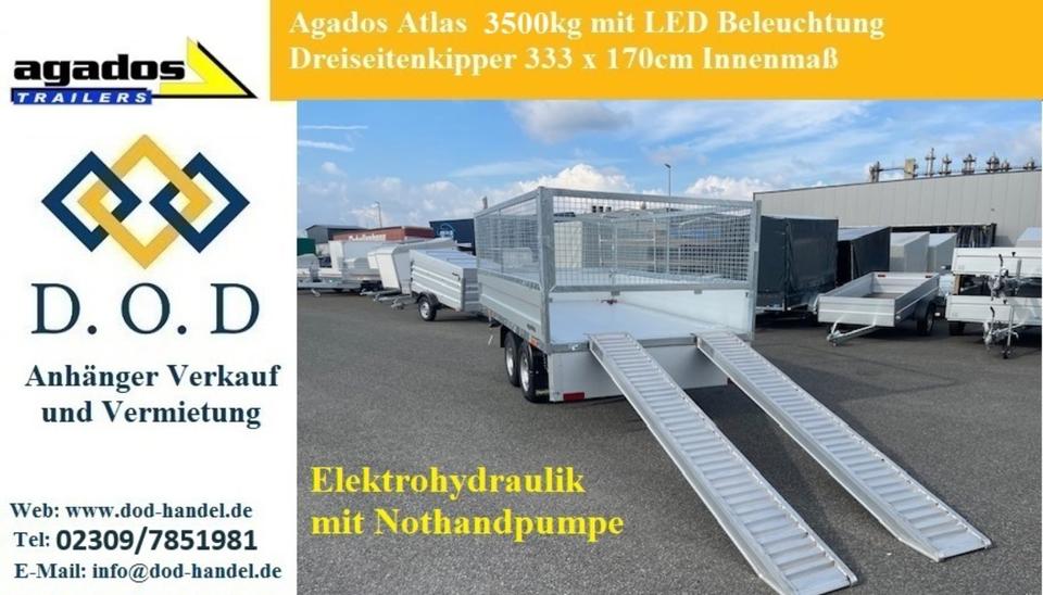 Agados Atlas 3.5 t Three-Way Tip Trailer with Electric Ramps and Mesh Lattice Sides