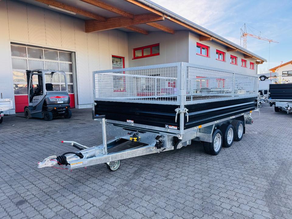 Humbaur HTK 3500.41 Tridem 3-Axle Three-Sided Tip Trailer, Steel, with Steel Mesh Sides, 4.1 m x 2.1 m, New in Stock