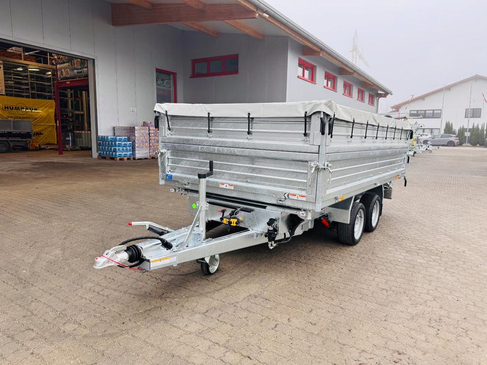 HTK 3500.37 Three-Sided Tipping Trailer, 3.5 t, Humbaur ProSteel with Side-Wall Extension, Feet, Flat Tarpaulin, Toolbox, Stabilizing Feet, 3.6 x 1.85 m