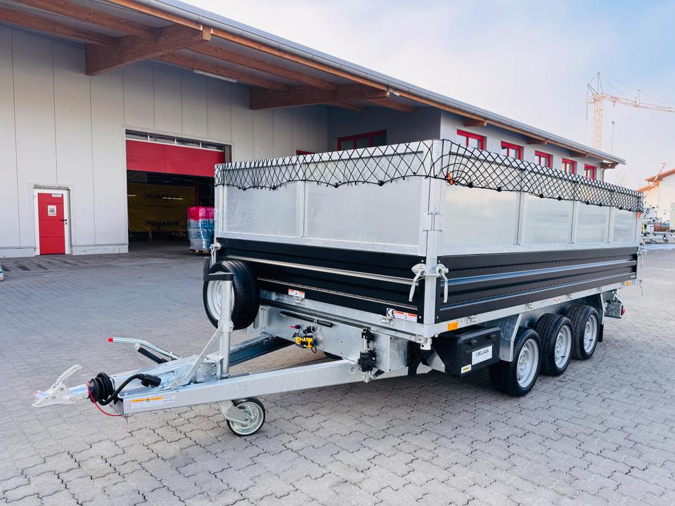 HTK 3500.41 3-Axle Three-Sided Tipping Trailer by Humbaur, Steel, 4.1 m x 2.1 m, In Stock, New, Fully Equipped