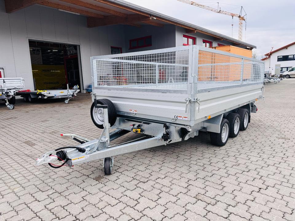 Humbaur HTK 3500.41 ALU Three-Axle Tipping Trailer with Aluminum Side Walls, Full Equipment, New, 3,500 kg, Steel Mesh Insert
