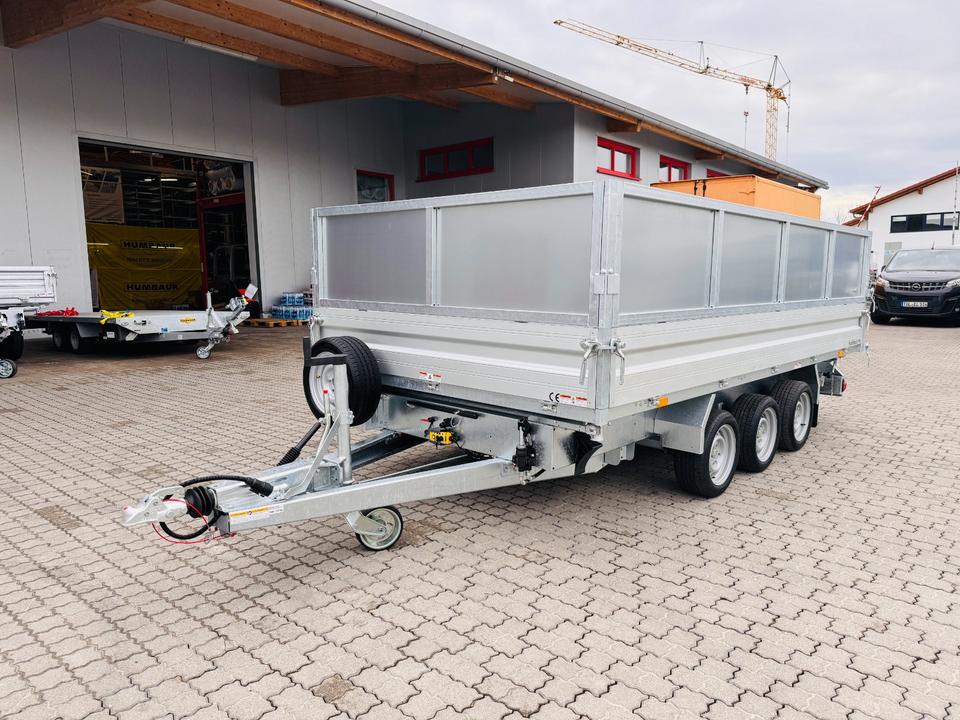 New Humbaur HTK 3500.41 three-axle three-sided tipper trailer with aluminum side walls, steel sheet extension, full equipment, 3,500 kg capacity