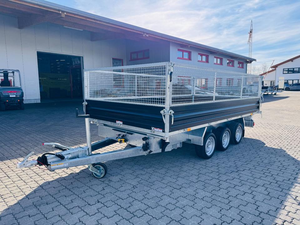 HTK 3500.41 Tridem 3-Axle Three-Sided Tipping Trailer by Humbaur, Steel, 4.1 m x 2.1 m, 3,500 kg, with Steel Mesh Insert