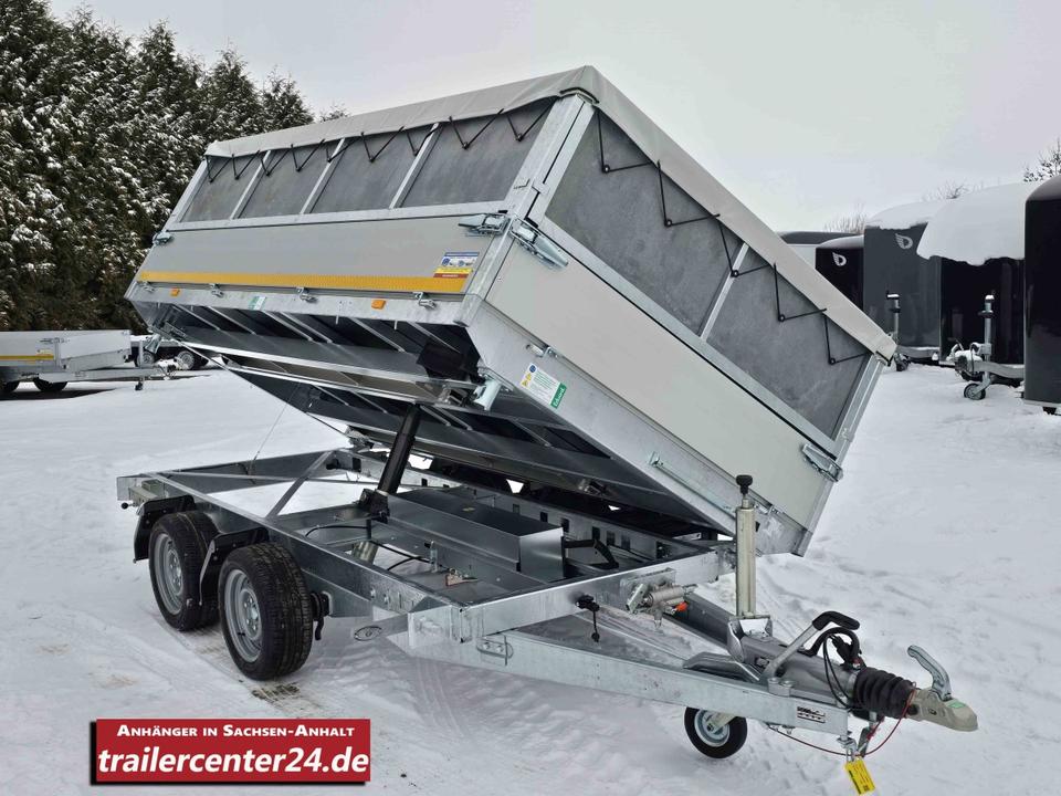 Electric 3.5t Three-Sided Tipper Trailer, 3.30 x 1.80 m Bed, Rails, Emergency Hand Pump, Enclosed Leaf Guard, 60 cm Dust Box, Tarpaulin, Shock Absorbers, and Rattle-Free Operation