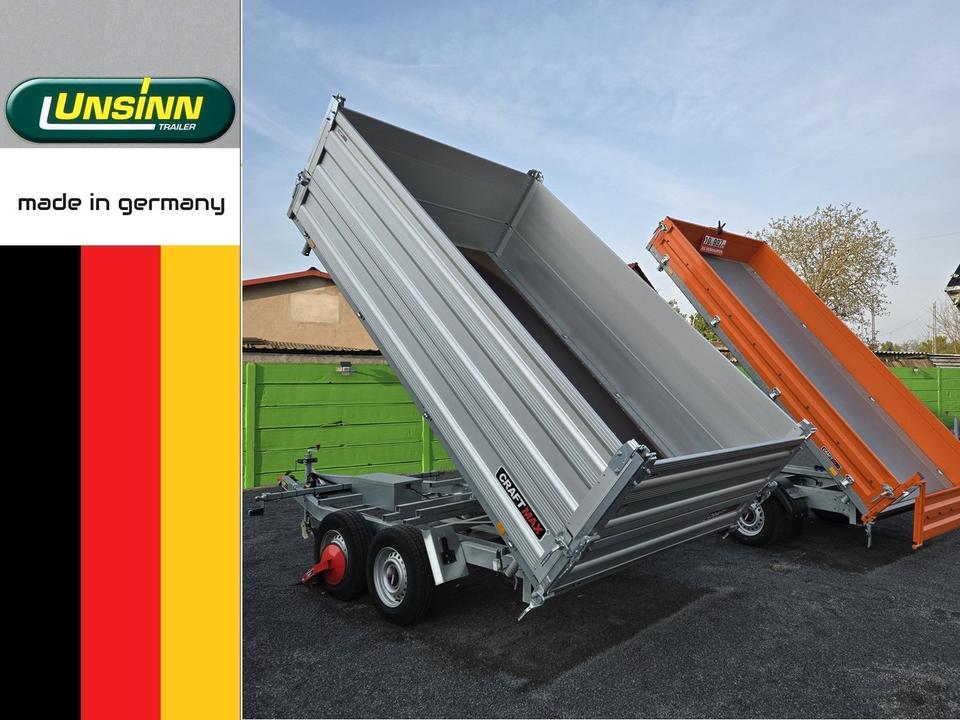 UNSINN 3500 ALU Three-Side Tipper Trailer with Aluminum Side Wall Attachment and Swing Flaps, 3.66 × 2.04 × 0.90 m, Multiplex Floor, Electric + Hand Hydraulic, 100 km/h capable