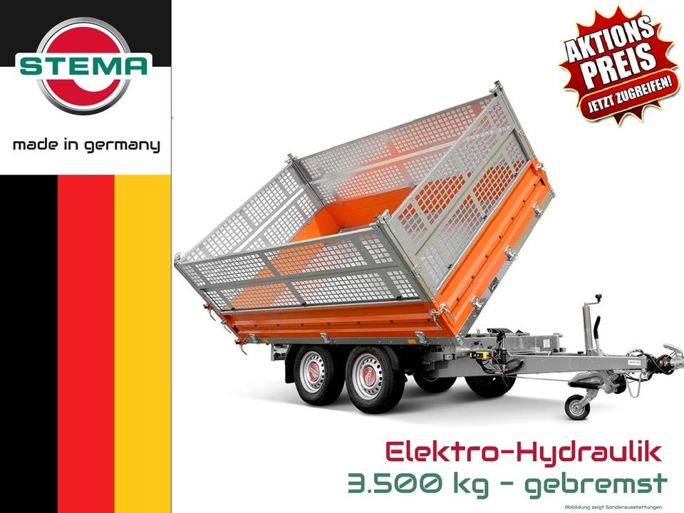 STEMA TRIUS 3500 3-Sided Tipping Trailer, 3.62 x 1.83 x 0.35 m, Steel, Orange Powder-Coated, with Swing Tailgate and Electric Hydraulic