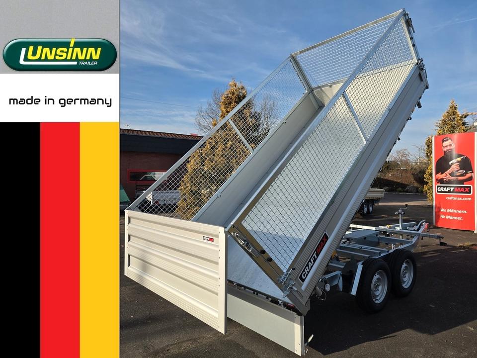 UNSINN KING 3500 Aluminum Three-Way Tipper Trailer 3.66 x 2.04 x 0.35 m with Electric Hydraulics, Cordless Drill-Powered Emergency Pump, Spinlock, Mesh Insert with Aluminum Tailgate