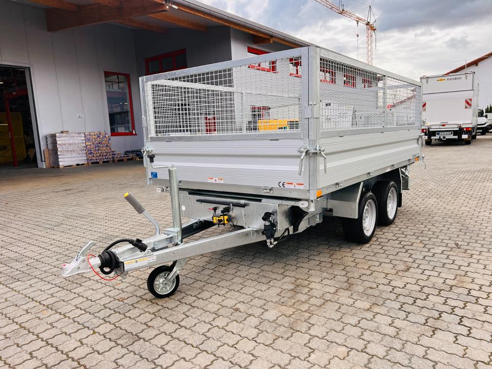 Humbaur 2.7 t HTK 2700.31 Three-Sided Tipping Trailer Aluminum + Electric Pump + 600 mm Steel Mesh Insert NEW, In Stock (3.14 m x 1.75 m)