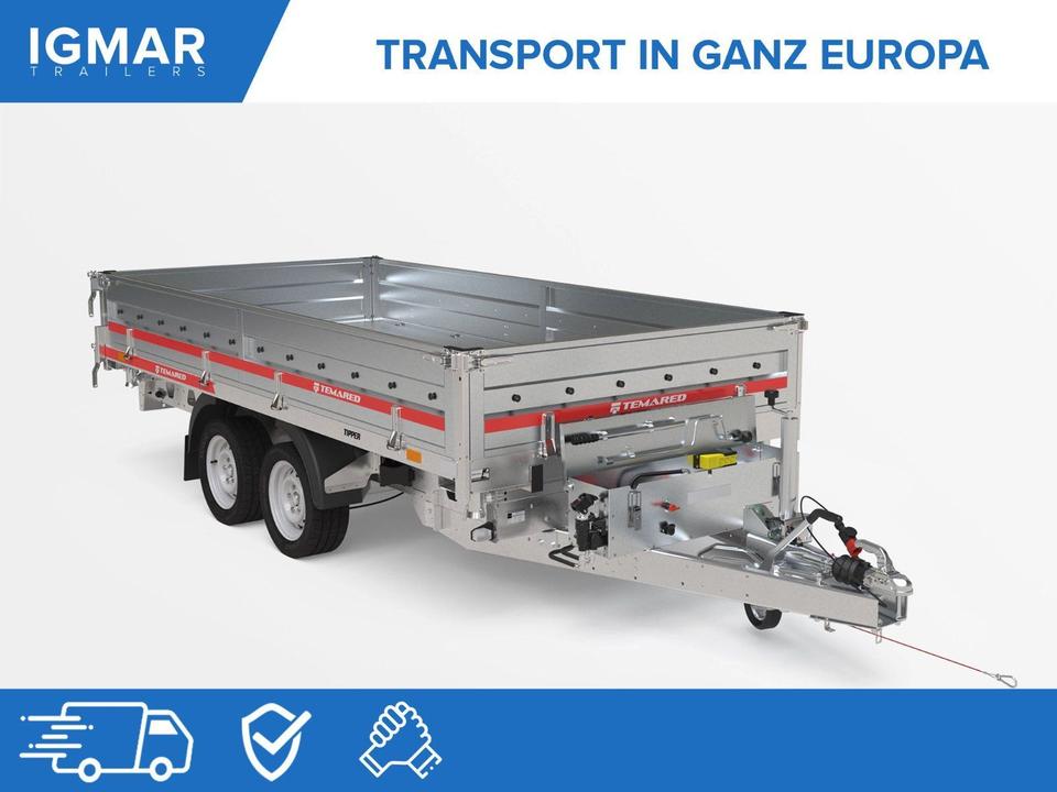 TEMARED TIPPER 3617/2 C S, 3,000 kg capacity, 364 x 170 cm, two-axle tandem braked car trailer with three-sided tipping
