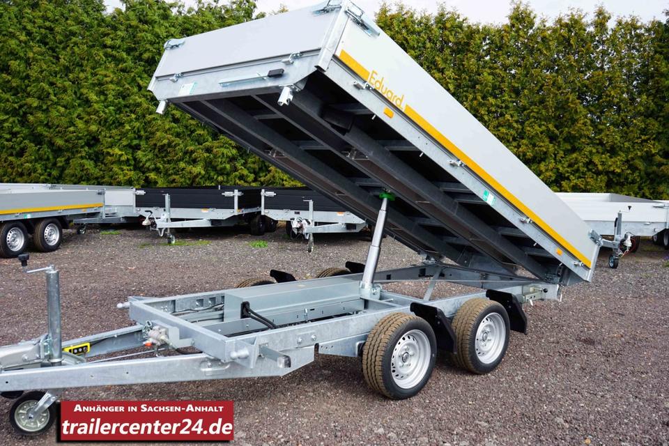 3.5t Electric Three-Sided Tipping Trailer, 3.30 x 1.80 m with Rails, Emergency Hand Pump, Supports
