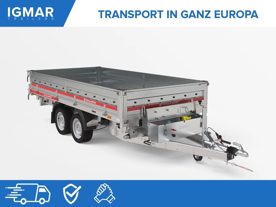 TEMARED Tipper 3617/2 C S, 2.7 t (2700 kg), Car Tipping Trailer, 364 x 170 cm, 3-Sided, 2-Axle Tandem, Electric Lifting System