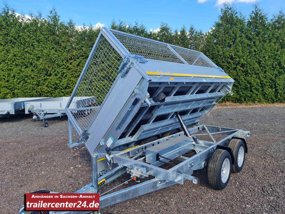 Electric 2.7-ton Three-Sided Tipping Trailer, 3.11 m x 1.60 m with 70 cm Lattice Sides