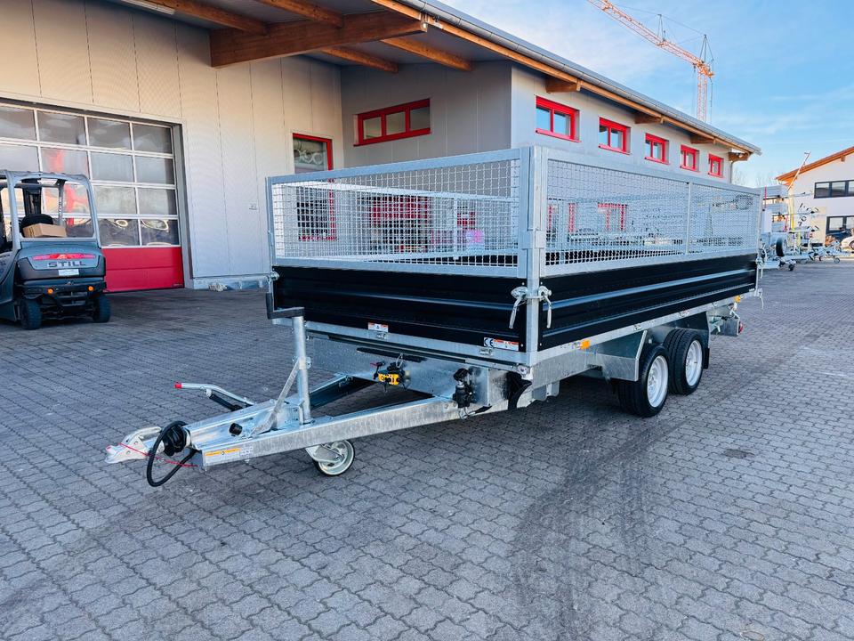 Three-Sided Tipping Trailer, 3-Axle Tridem HTK 3500.41, Steel, Humbaur – New in Stock, with Steel Mesh Bed (4.1 m x 2.1 m)