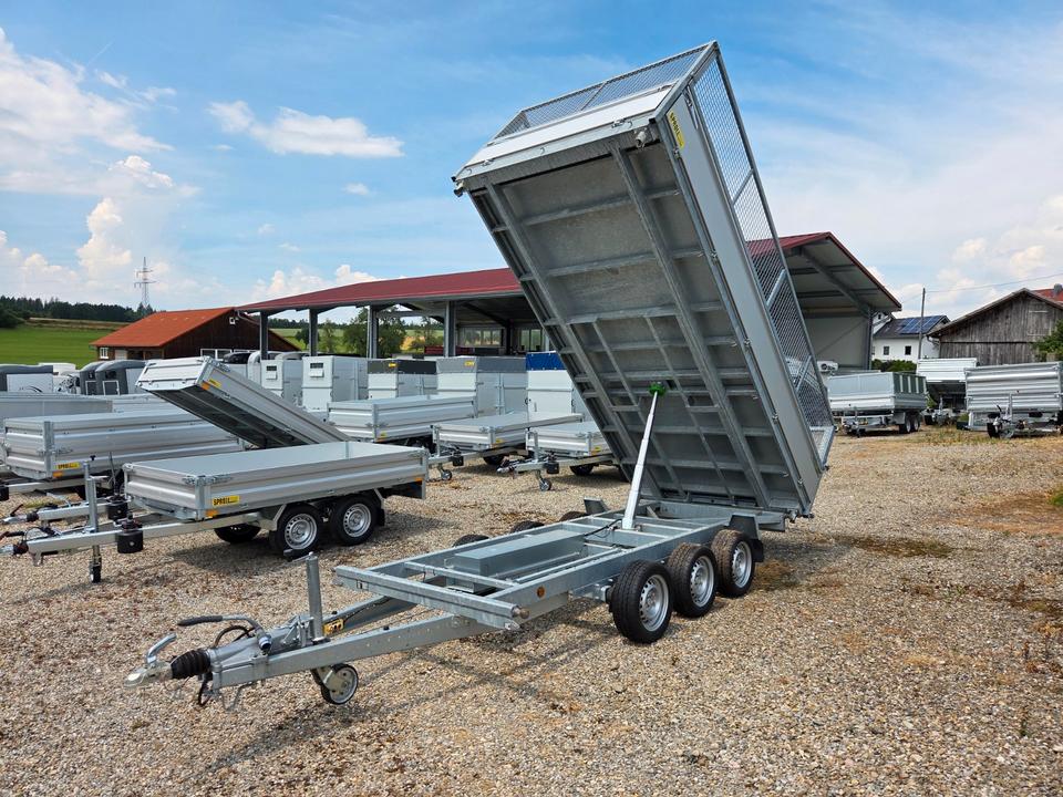 Tri-axle three-way tipping trailer (Tridem) 3500 kg capacity, incl. steel mesh topper
