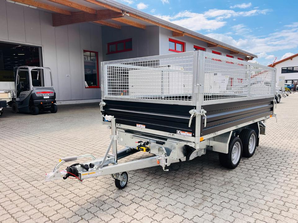 Humbaur HTK 3000.31 3-Ton Three-Sided Tipping Trailer – Steel, with Electric Pump, Legs, Box, Steel Mesh Cover, and Reinforcement
