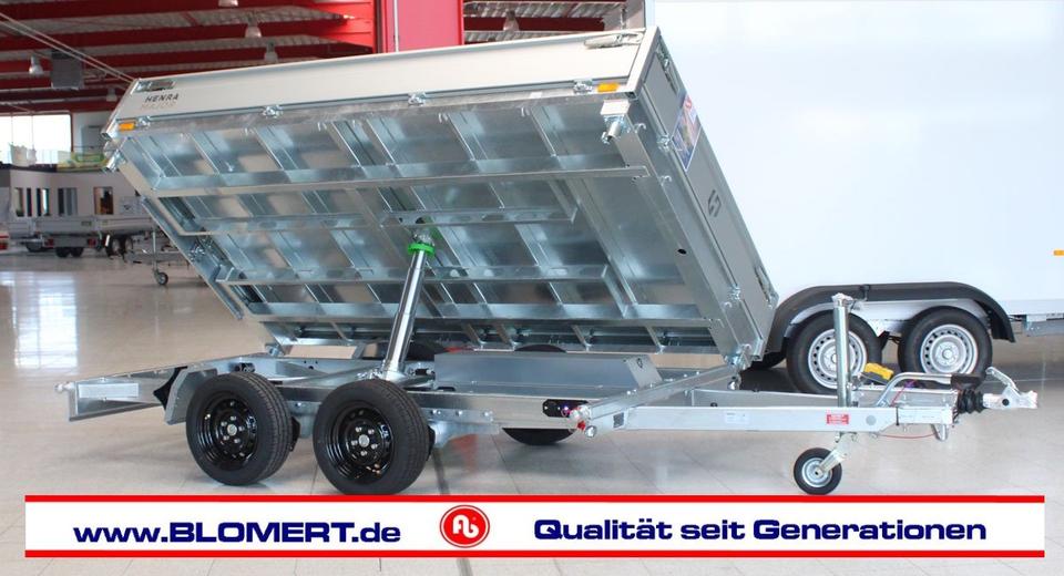 Henra three-sided tipping trailer, 3.01 x 1.85 x 0.30 m, GVW 2,700 kg, electric