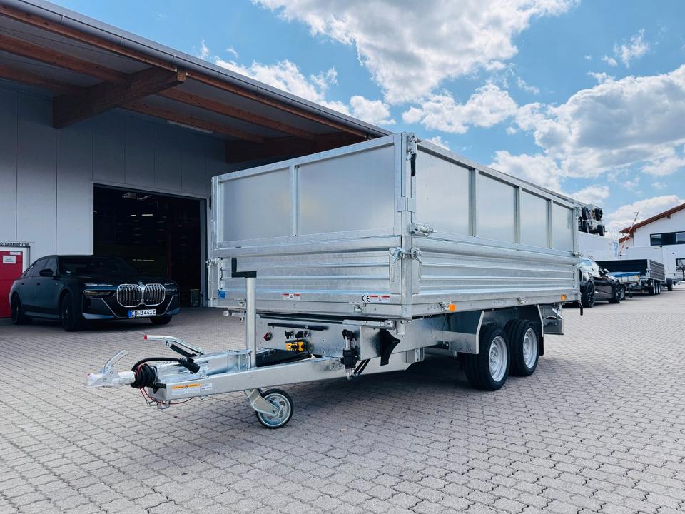 HTK 3500.37 Three-Sided Tipper Trailer 3.5 t Humbaur Pro Steel (FuhrmannBW), 3,500 kg GVW, 3.6 m x 1.85 m, New In Stock, Steel Sheet Extension 600 mm Vario Fix