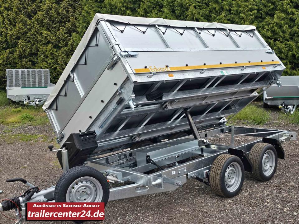 Electric 3.5t Three-Sided Tipper Trailer, 3.30 x 1.80 m, with Rails, Emergency Hand Pump, Enclosed Lattice, 60 cm Dust Box, Tarpaulin, Supports, Spare Wheel, and Shock Absorbers