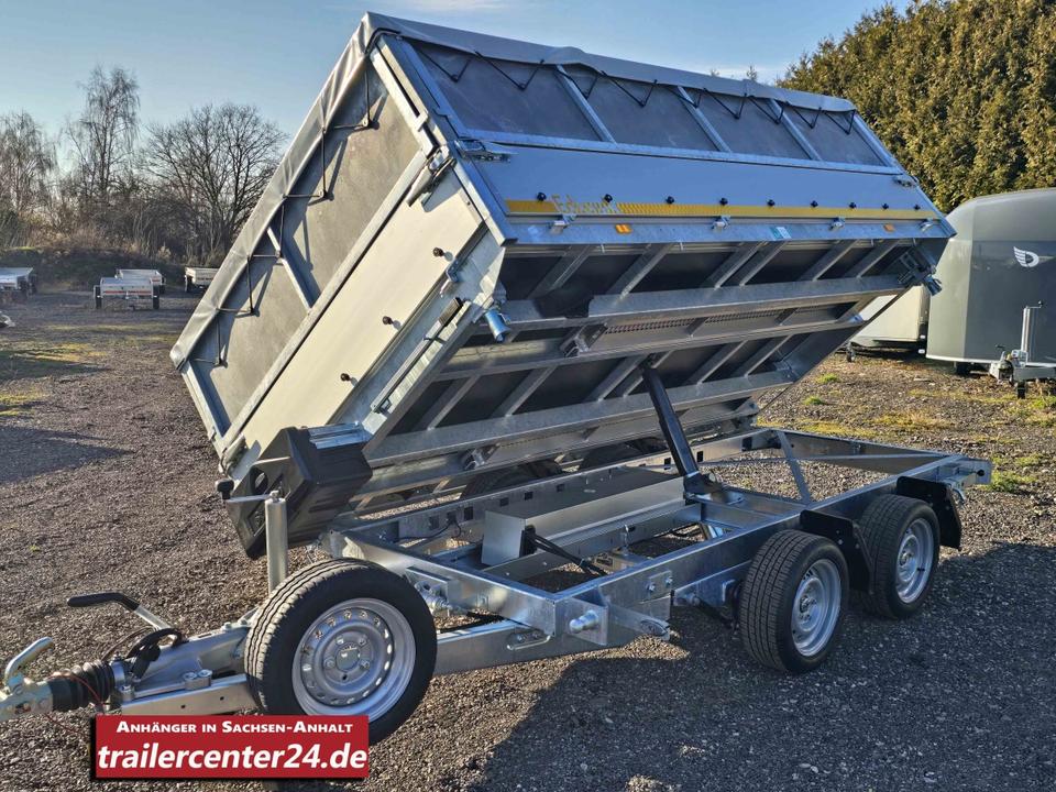 Second-hand Electric 3.5t Three-Sided Tipping Trailer, 3.30 x 1.80 m, with rails, emergency hand pump, closed lattice (60 cm), storage box, flat tarp, supports, spare wheel, shock absorbers, rated for 100 km/h