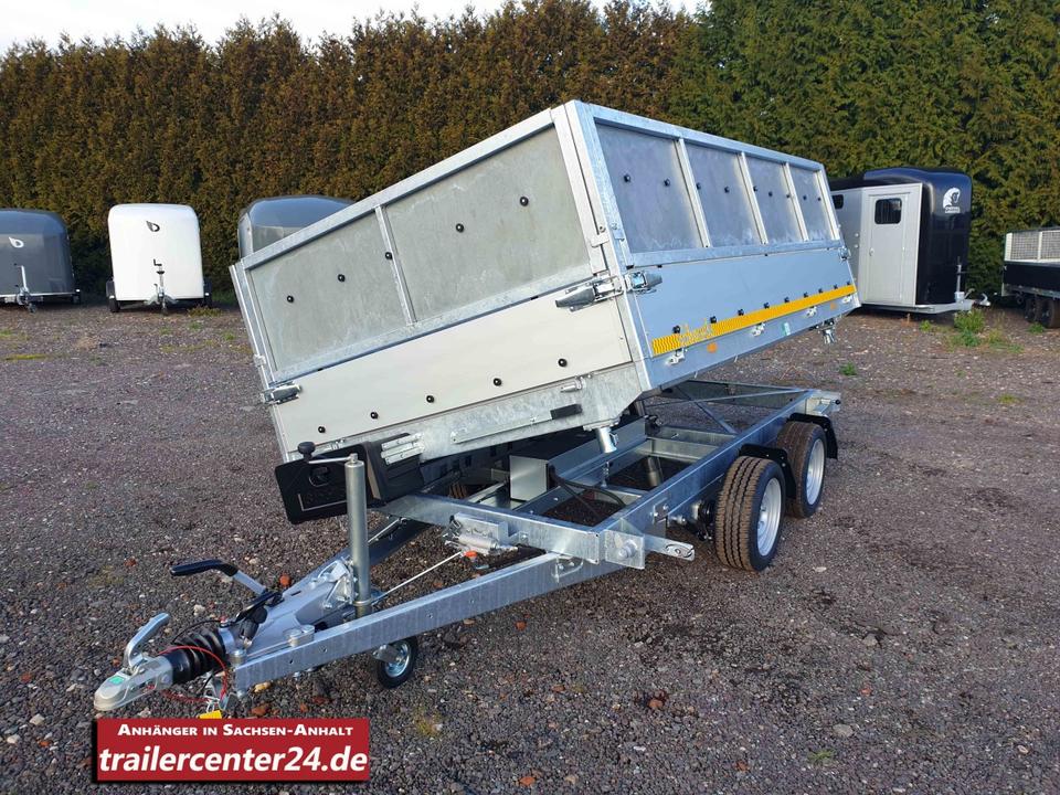 Electric 3.5 t Three-Sided Tipping Trailer, 3.30 x 1.80 m, with Rails, Emergency Hand Pump, Enclosed Leaf Guard, and 100 km/h Top Speed, with Shock Absorbers
