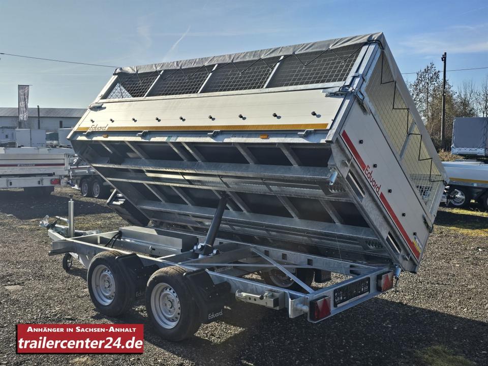 3.0 t Electric Three-Sided Tipper Trailer, 3.30 m x 1.80 m x 0.40 m, with emergency hand pump, shock absorbers, flat cover, lattice guard, dust box, and rails