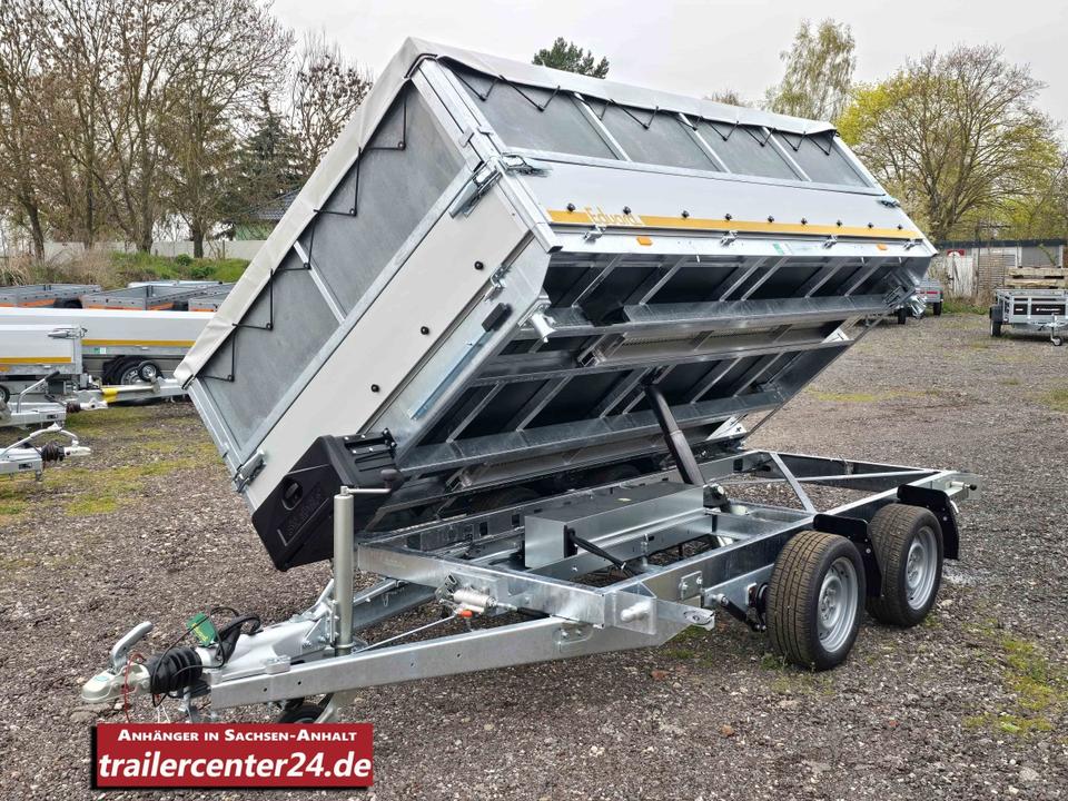 Used 3.5t Electric Three-Sided Tipping Trailer - 3.30 x 1.80 m - Rails, Emergency Hand Pump, Grille, Dust Box, Tarpaulin, Supports, Shock Absorbers