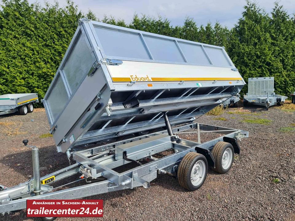 3.5t Electric Three-Sided Tipping Trailer, 3.30 x 1.80 m Bed, Emergency Hand Pump, Rails, Shock Absorbers, Supports, Leaf Grid
