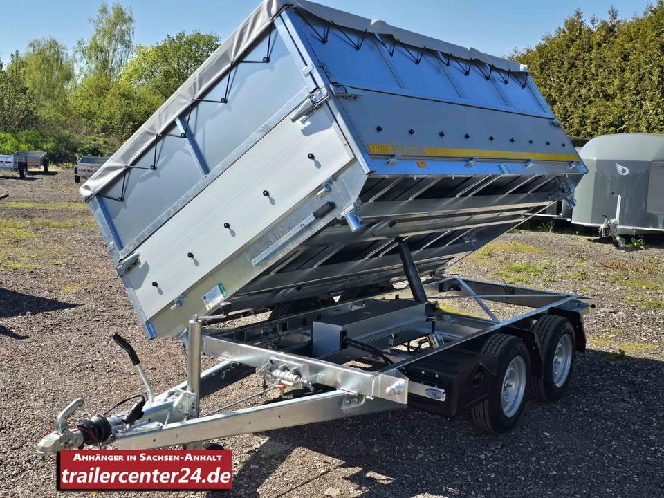 2.7t Electric 3-Sided Tipping Trailer 3.30 x 1.80 m with Emergency Hand Pump 40 cm, Foldable Rear Supports, 60 cm Closed Leaf Grid, Flat Cover, 2 Tarpaulin Bars, Net Hooks (2 Rows) and Dust Box