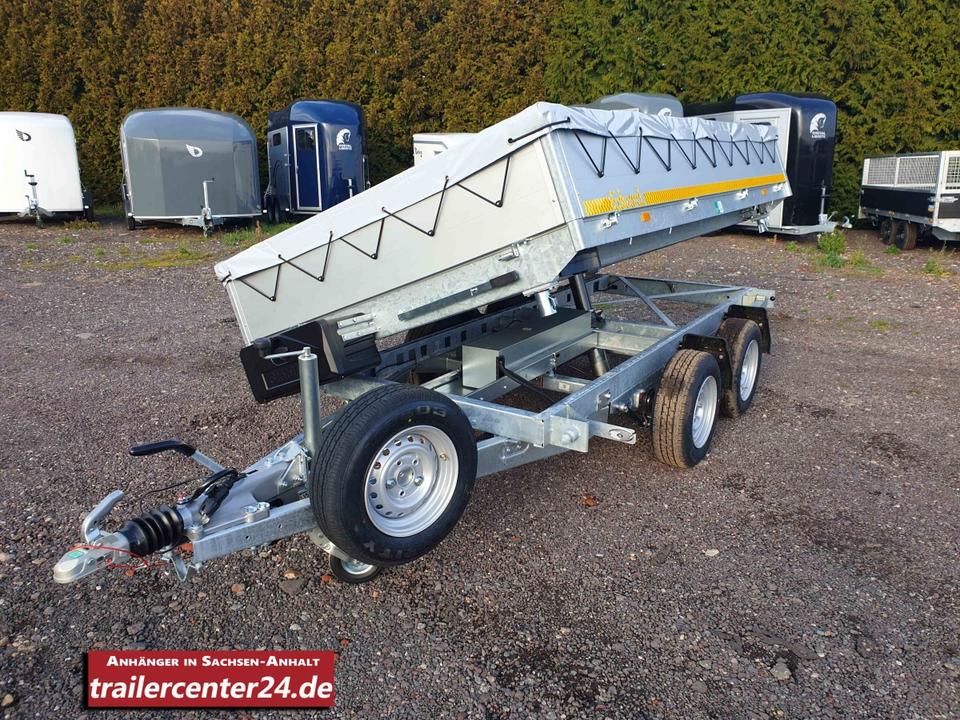 Electric 3.5 t tri-side tipping trailer, 3.30 x 1.80 m, 100 km/h, with shock absorbers, rails, emergency hand pump, flat tarpaulin, dust box, and spare wheel