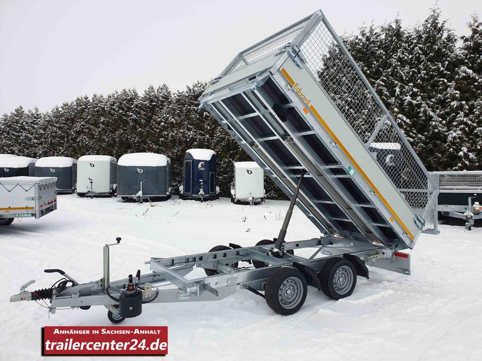3.5t Three-Sided Tipping Trailer, 3.30 x 1.80 m, with Rails, Supports, 100 km/h, Battery-Powered Screwdriver Drive, 70 cm