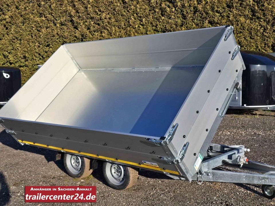 3.5t Electric Three-Way Tipping Trailer 3.30 x 1.80 m with Rails, Emergency Hand Pump, Rear Supports, 30 cm Side Walls, Swing-Out, Mesh Hooks