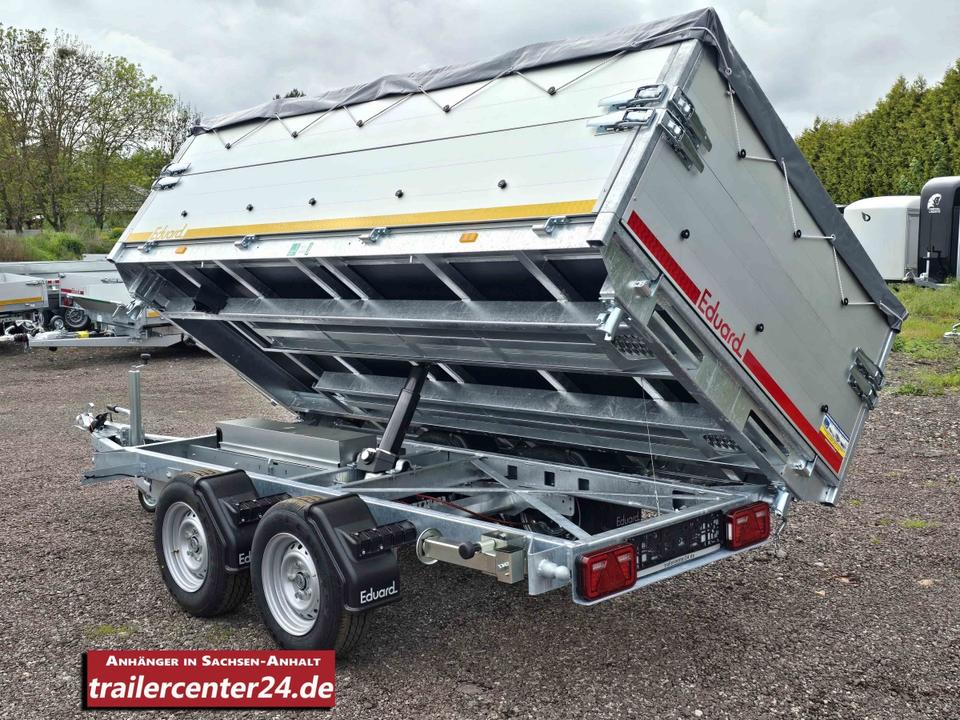 Electric 3.0 t Three-Sided Tipping Trailer, 3.11 x 1.60 m Bed, with 40 cm High Pivoting Side Walls, Shock Absorbers, Crank Supports, and Tarpaulin System (3 Bows, Net Hooks)