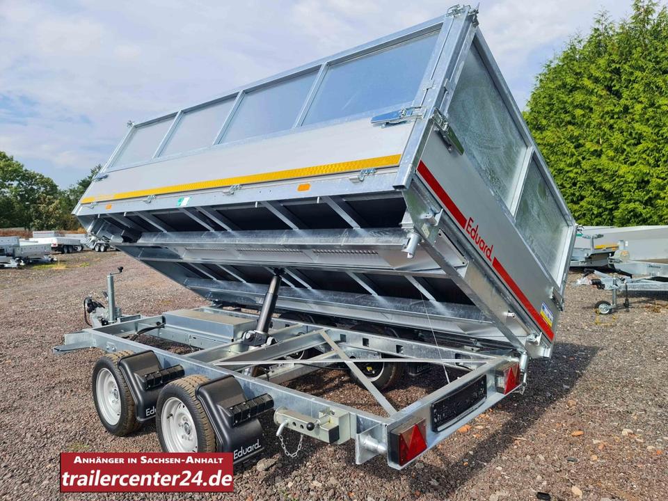 Electric 3.5t three-way tipping trailer 3.30 x 1.80 m with Laubgitter Eduard, rail-shaft supports without rails