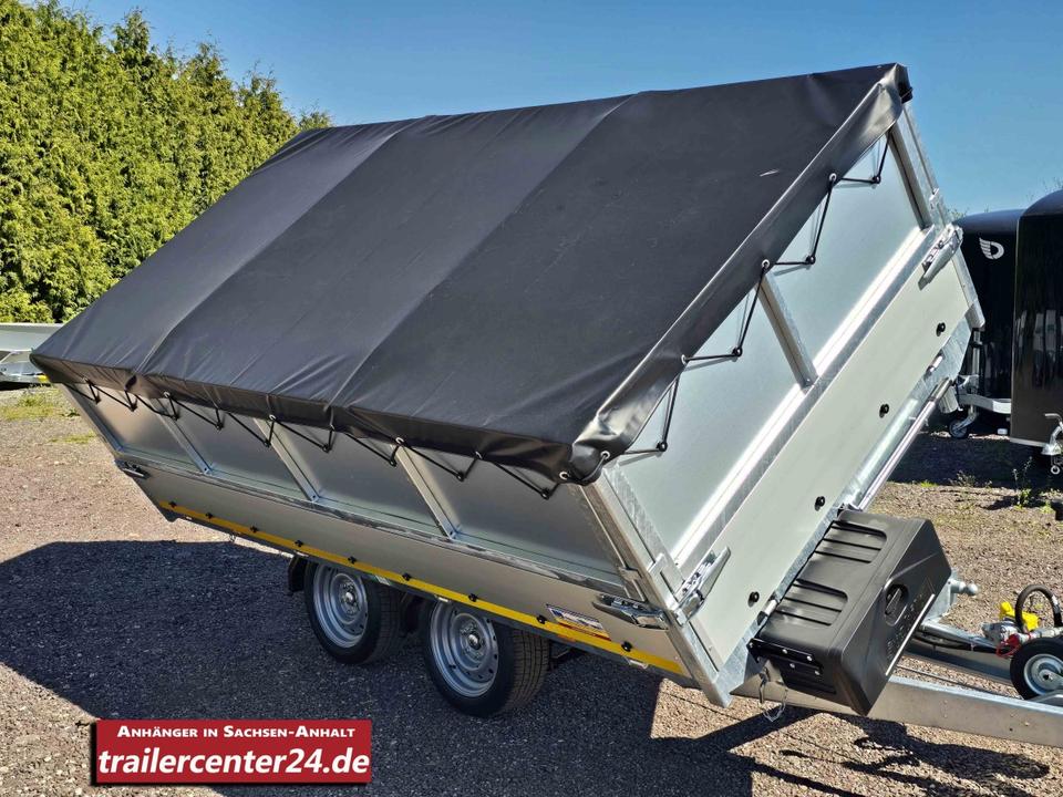 Extremely heavy-duty 3.5t three-sided tipping trailer, bed 3.11 x 1.60 m, loading rails, 100 km/h rating, drill-driven drive, rear supports, closed lattice, 60 cm flat tarpaulin with tarpaulin frame, dust box