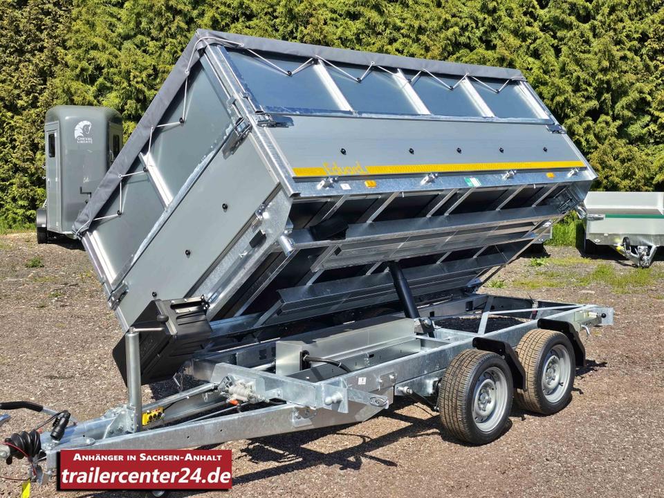 Electric 2.7 t Three-Way Tipper Trailer, 3.11 x 1.60 m, with Emergency Hand Pump, Rail-Guided, Leaf Lattice, LED Lights