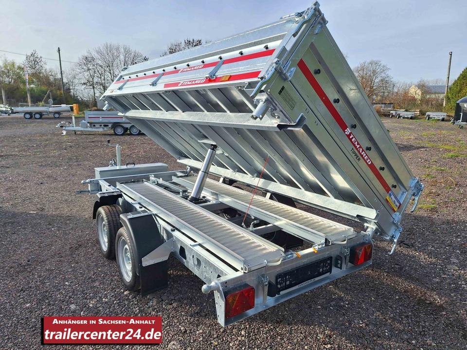 Electric 3.5t Three-Sided Dump Trailer, 3.24 x 1.70 m, 40 cm Steel Sides, Loading Rails, Hinged Rear Tailgate