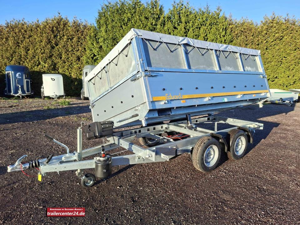 2.7 t Three-Sided Tipper Trailer, 3.30 x 1.80 m, hand-pumped, 40 cm side walls, leaf grid, flat cover, tarpaulin bows, loading rails, supports, toolbox