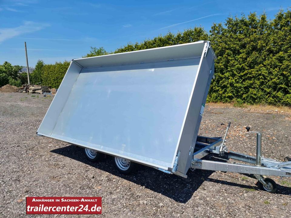 3.0 t Electric Hydraulic Three-Sided Tipping Trailer 3.30 x 1.80 m with Loading Ramps and Supports, Tandem Axle