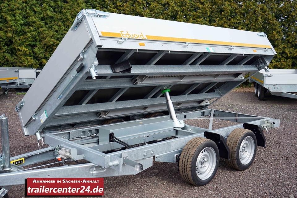 2.7 t Electric Three-Sided Tipper Trailer, 3.30 x 1.80 m, with Rails, Emergency Hand Pump, and Supports