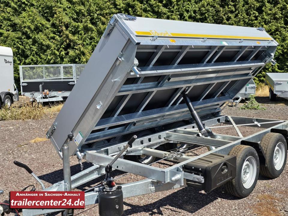 Heavy-Duty 2.7-ton 3-Sided Tipping Trailer, 3.30 x 1.80 m, with Foldable Rear Supports, Complete Dust Box, LED Tail-Light Conversion, and Rails