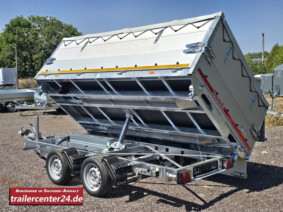3.5 t Electric Three-Sided Tipping Trailer with 3.30 x 1.80 m Bed, 60 cm Swing-Out Side Walls, Emergency Hand Pump, Rails, and Flat Tarpaulin with 3 Tarpaulin Bows and Net Hooks