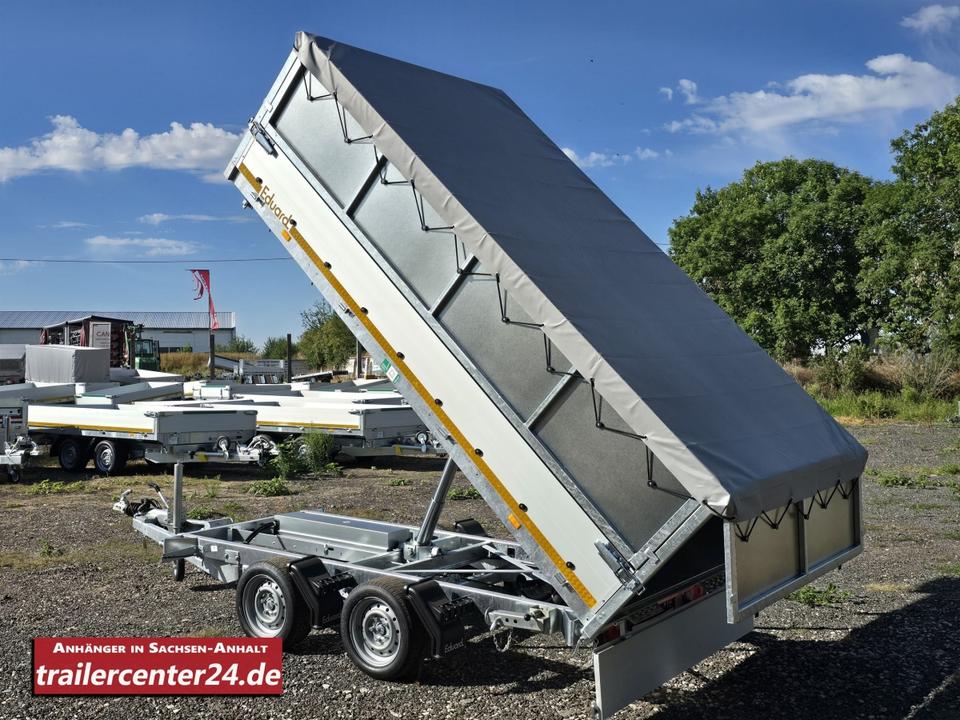 3.5t Electric 3-Side Tipper Trailer, 3.30 x 1.80 m, with Emergency Hand Pump, Rear Stands, Closed Leaf Grid, 60 cm Flat Tarpaulin, Net Hooks, and 2 Rows of Dust-Box Rails (Eduard)